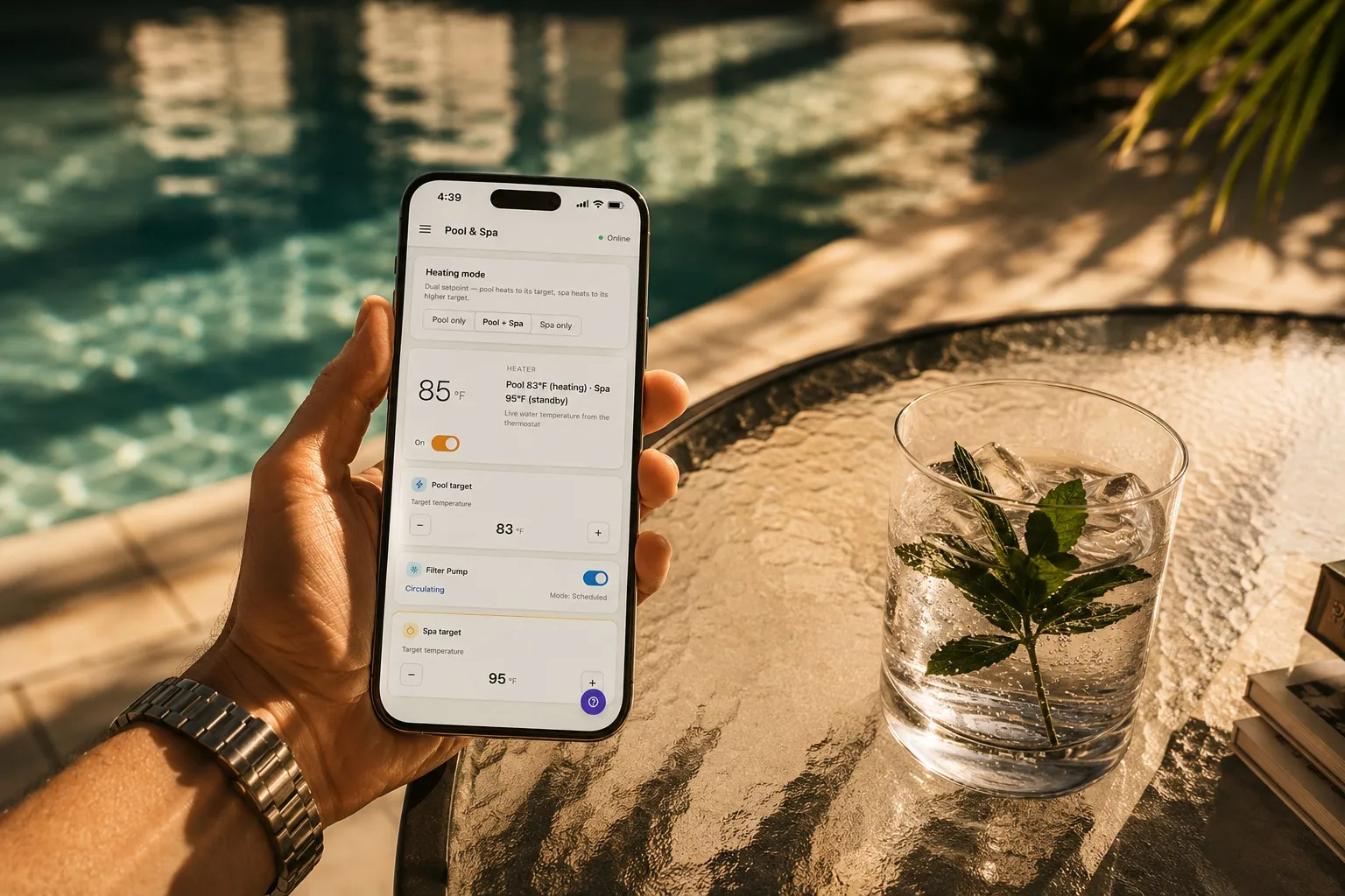 A hand holding an iPhone with the RentalHelm app open — adjusting pool temperature poolside