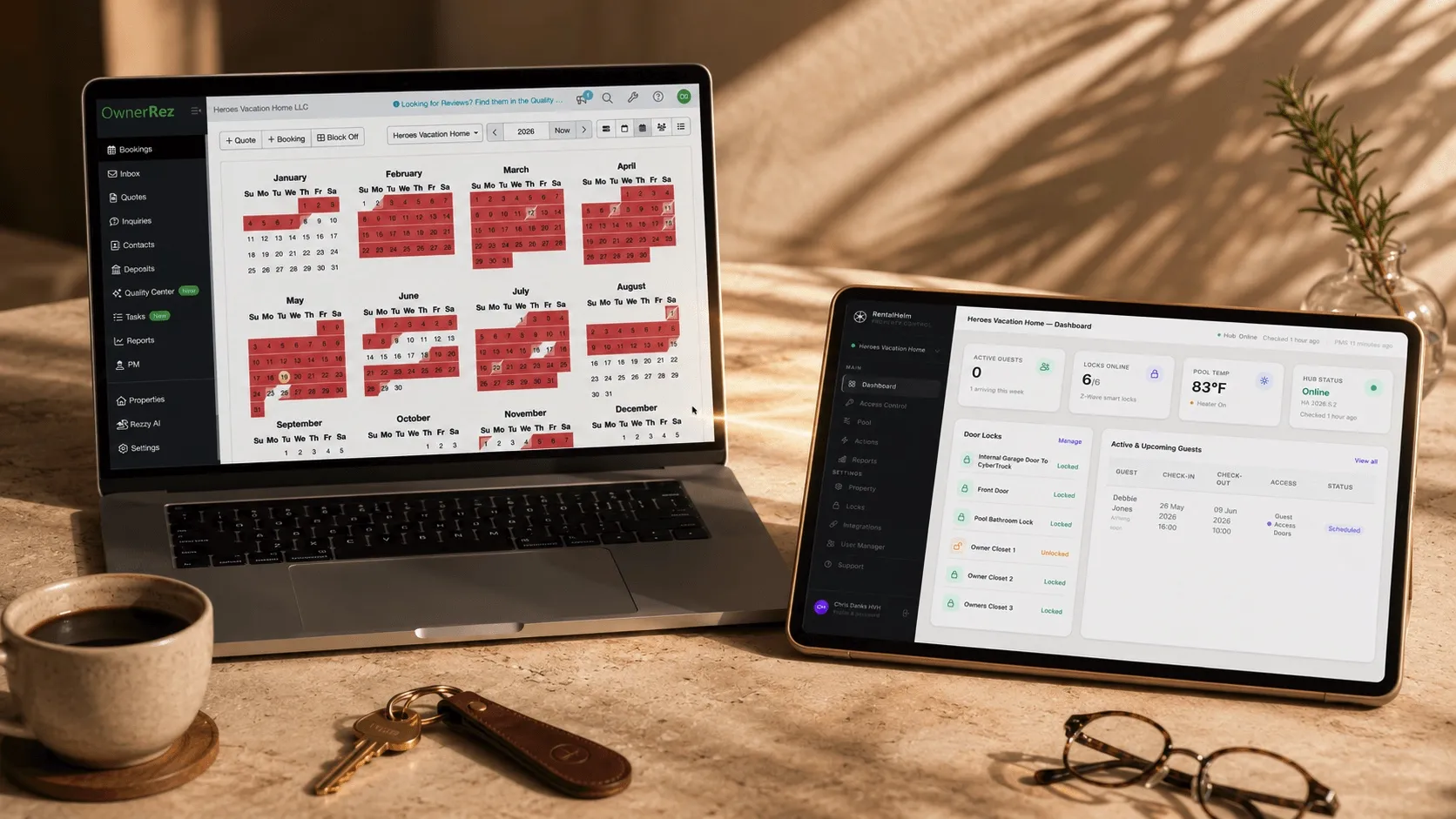 A MacBook showing the OwnerRez booking calendar beside an iPad showing the RentalHelm dashboard — bookings flowing from one to the other automatically