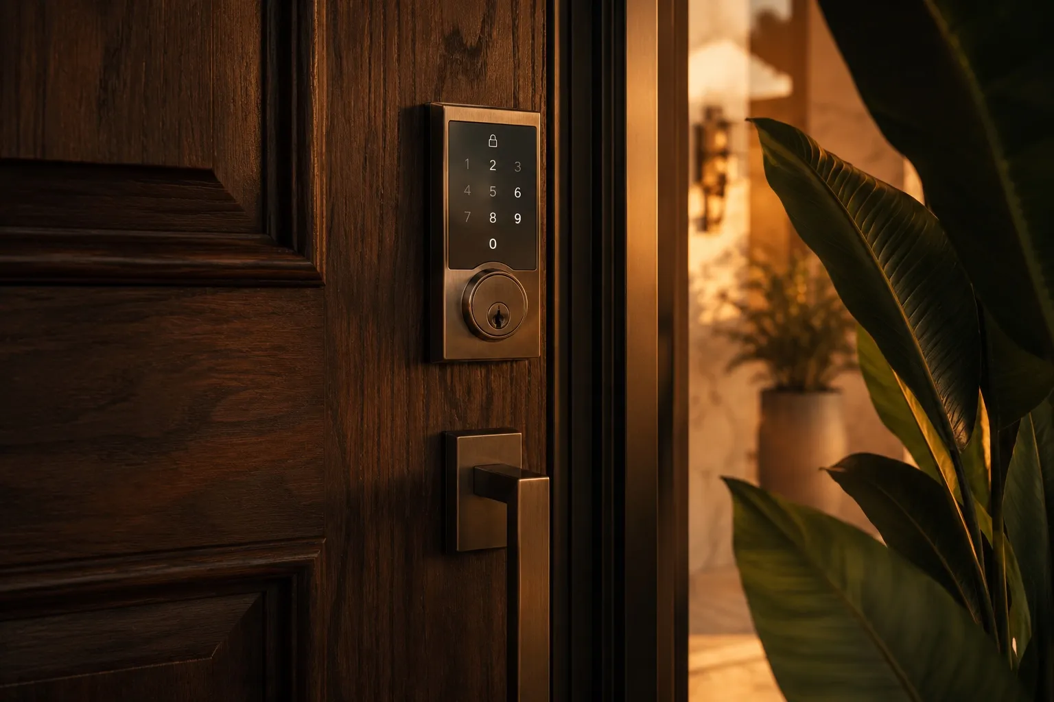 Smart lock with brass keypad on a dark wood front door, glowing softly at dusk