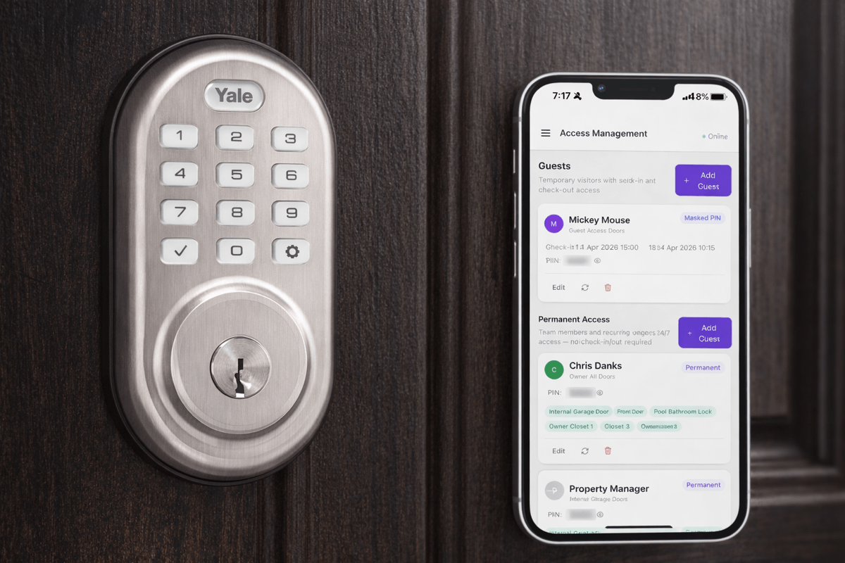 RentalHelm Lock Manager — live battery percentages, online status, and lock/unlock control for every door