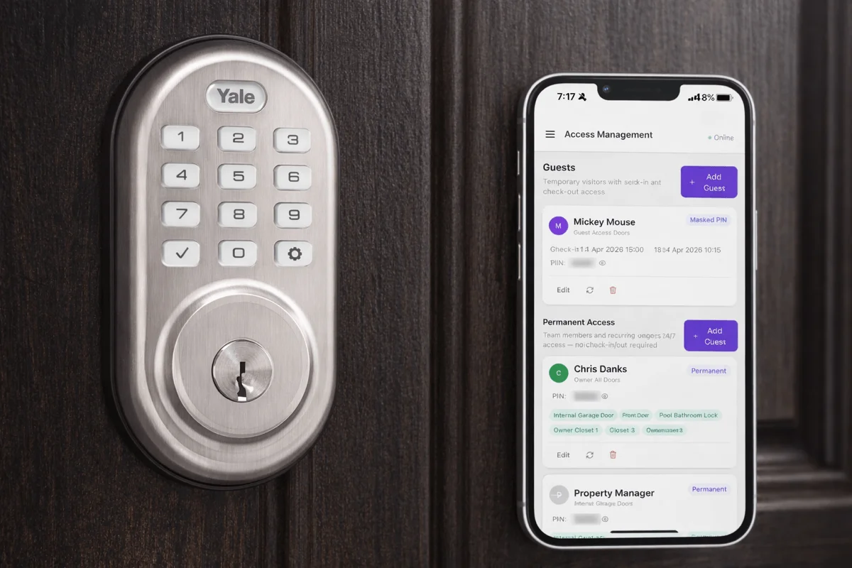 RentalHelm Lock Manager — live battery percentages, online status, and lock/unlock control for every door