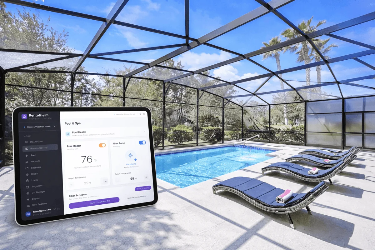 RentalHelm Pool & Spa dashboard with live water temperature, dual setpoint heating mode and filter pump schedule