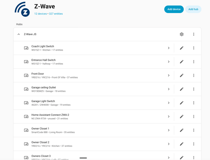 Z-Wave devices list in Home Assistant