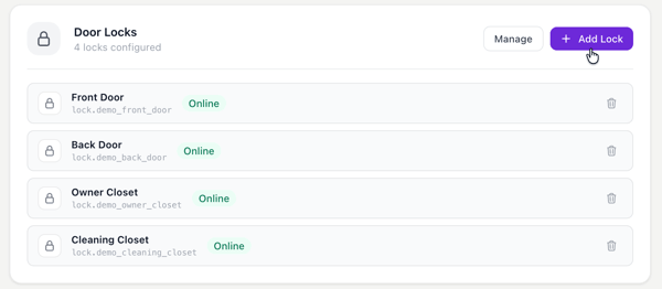 Integrations page with locks and thermostats added