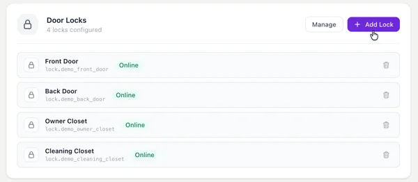 Integrations page with locks and thermostats added
