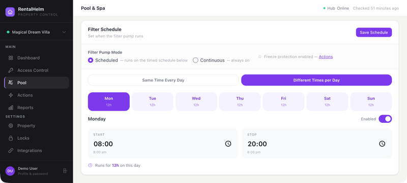Pool page with filter schedule