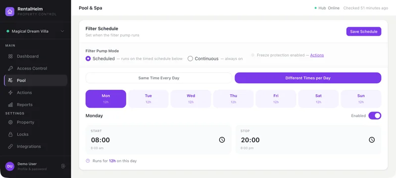 Pool page with filter schedule