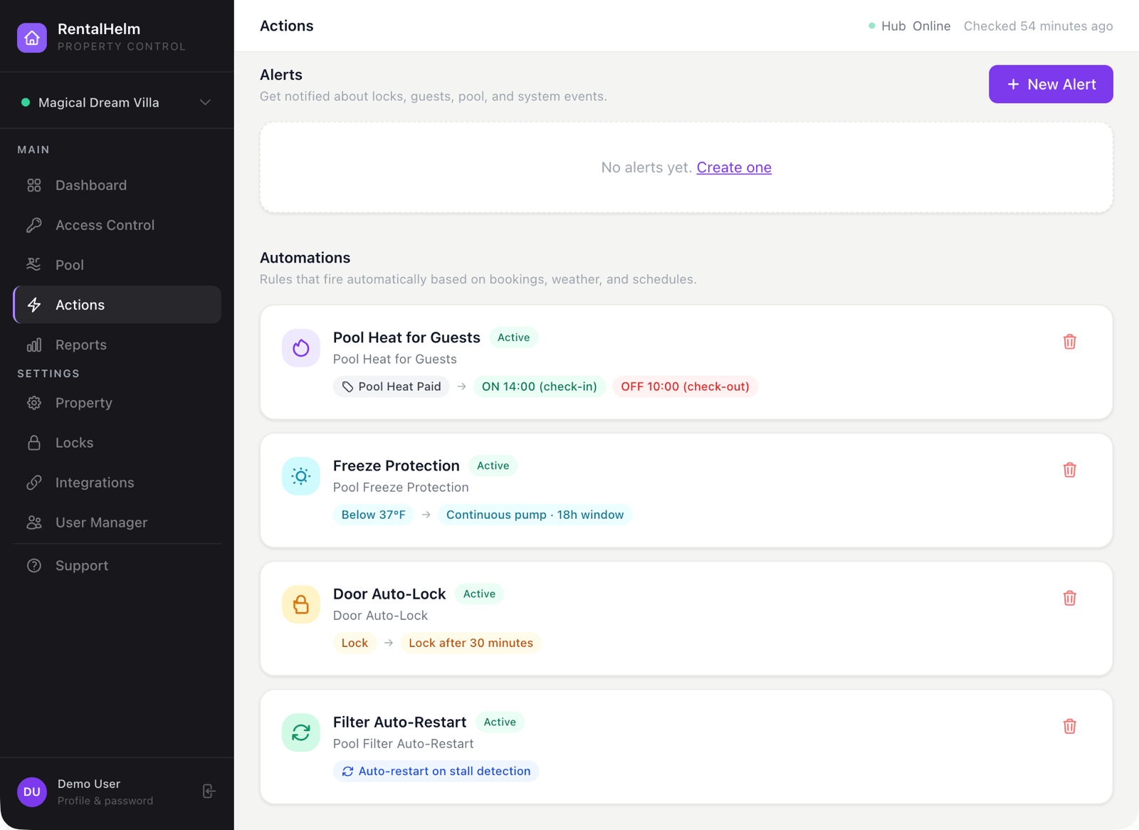 Actions page with automations and alerts