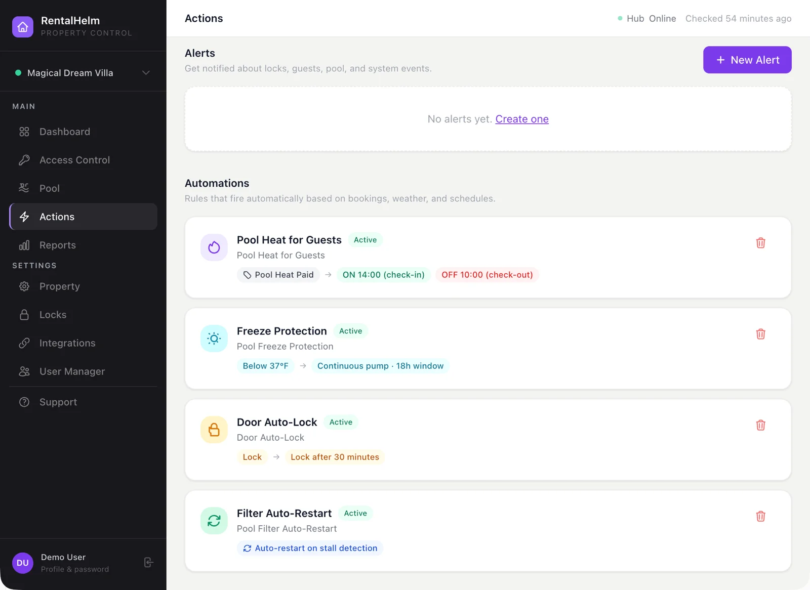 Actions page with automations and alerts