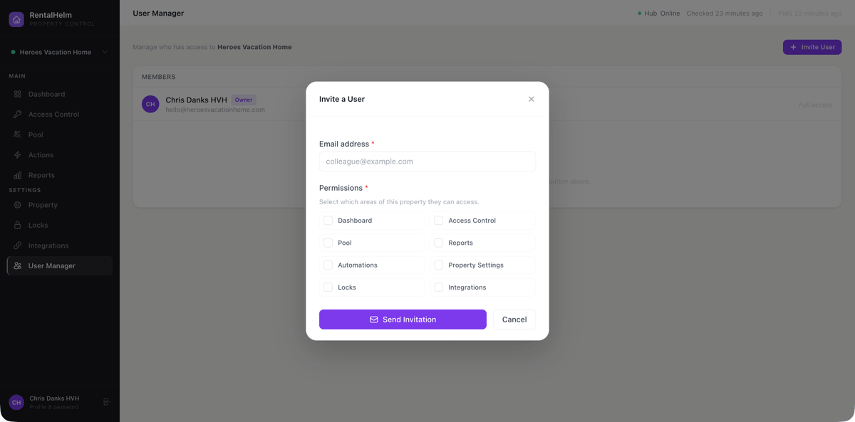 RentalHelm User Manager — invite a colleague with granular per-feature permissions