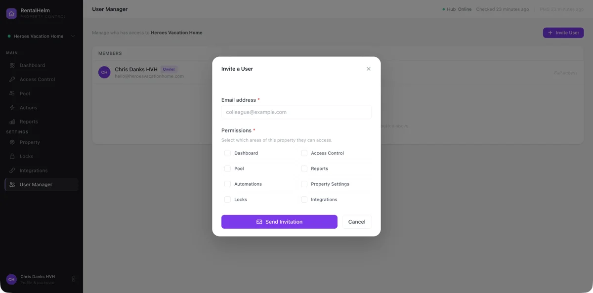 RentalHelm User Manager — invite a colleague with granular per-feature permissions